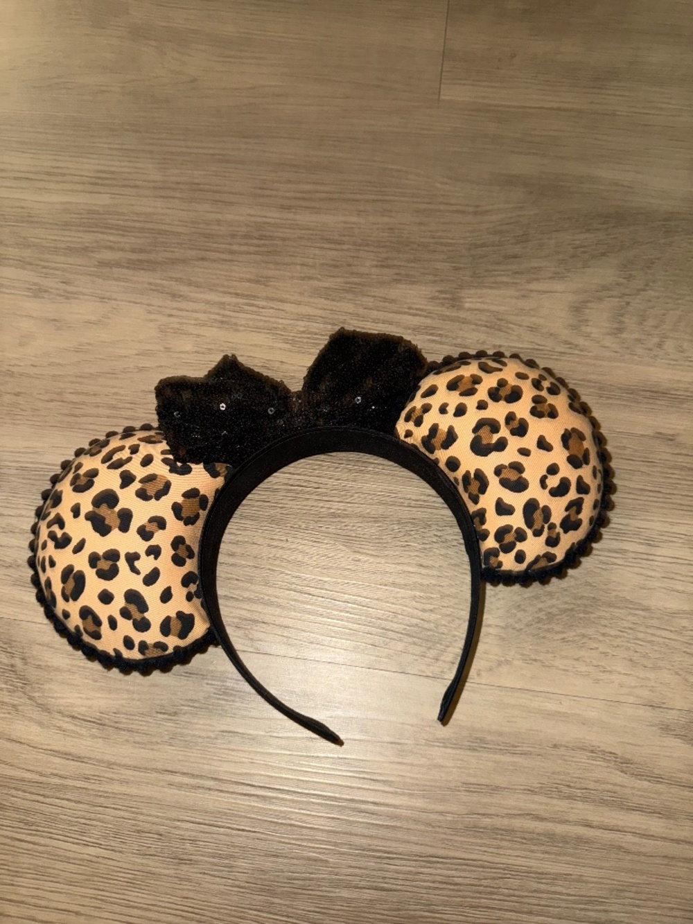 Leopard Print Mouse Ears Headband Black Sequin Bow Animal Print Theme Park